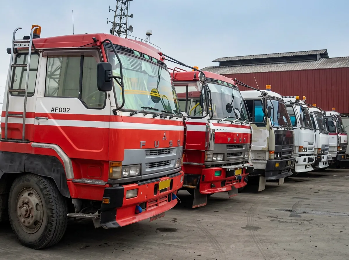 Row of TDL prime mover truck cabs parked in line at the company yard in Batu Ampar, Batam