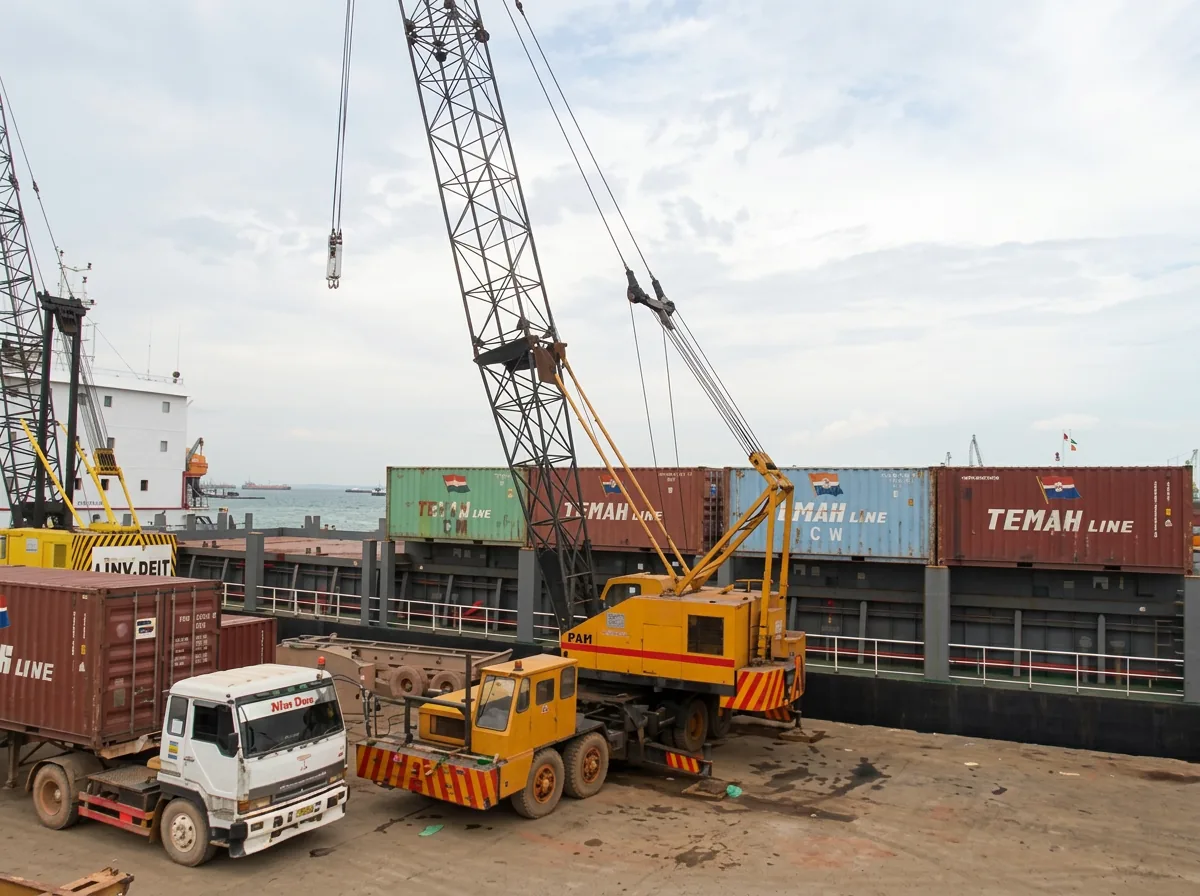 Mobile crane and truck working alongside a container vessel during a stevedoring operation at Batu Ampar